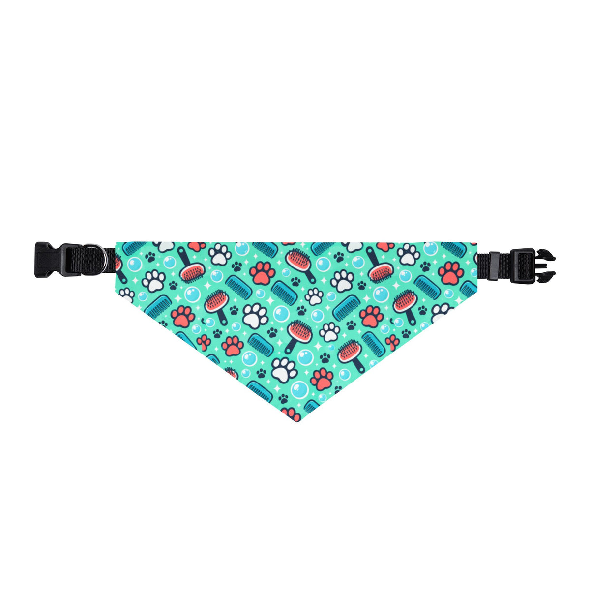 Wide front view of the Fresh & Fluffy turquoise dog bandana, colorful grooming pattern, and adjustable black collar.