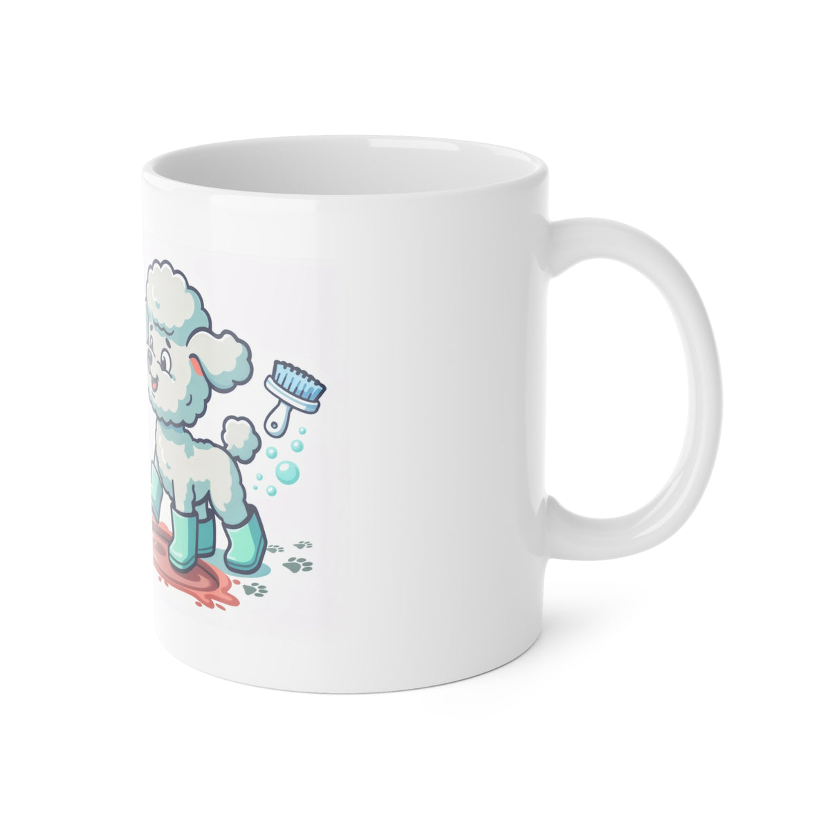 White ceramic mug showing a playful poodle in rain boots holding a grooming brush.