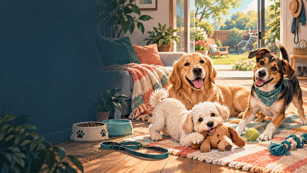 Three happy dogs relaxing together in a sunny living room.